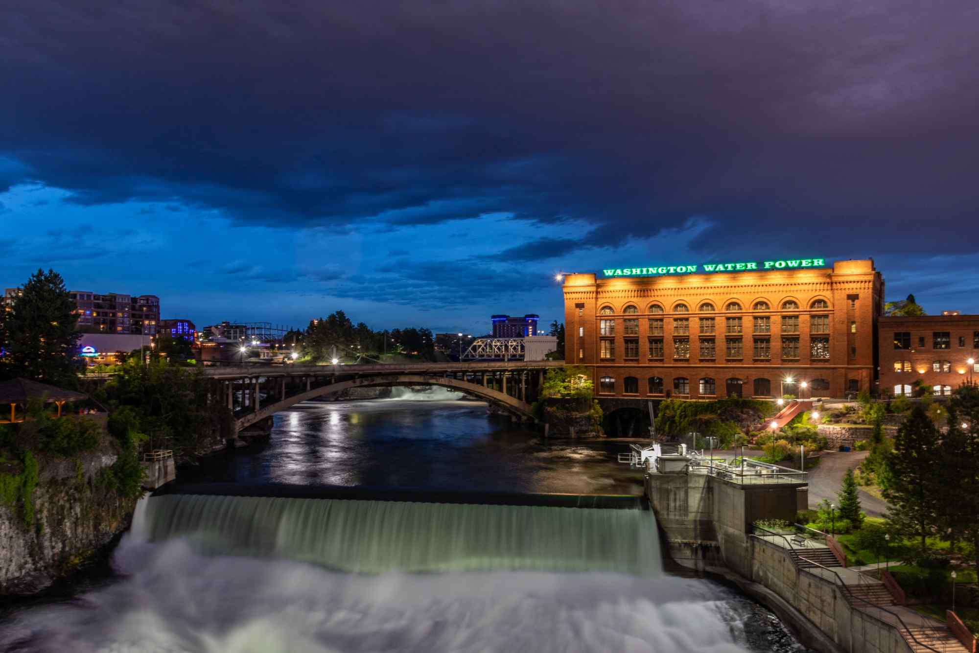 Night view of Washington Water Power building and river